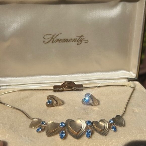 KREMENTZ 14K Rolled Gold Overlay Heart Blue Rhinestone Necklace Earrings SET - Picture 8 of 13